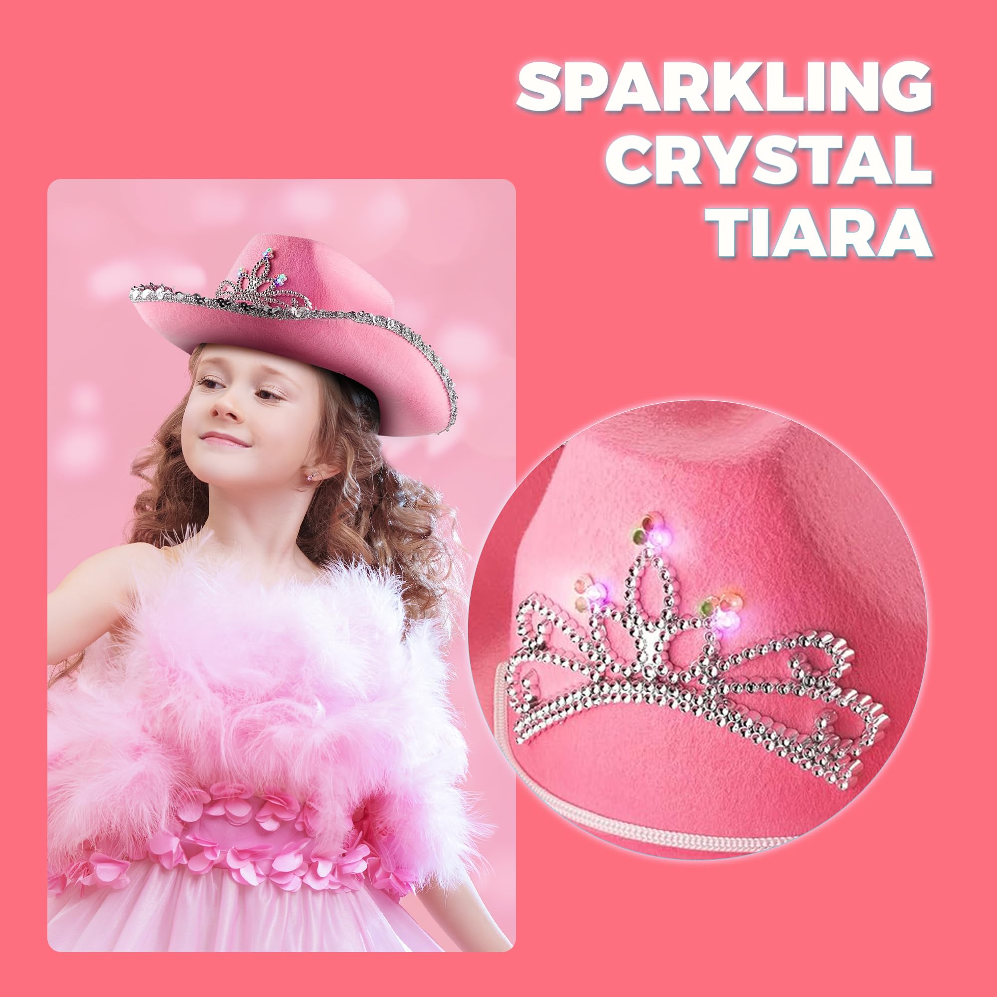 Light Up Pink Cowgirl Hat for Girls - (Pack of 2) Kids Cowboy Hat with Blinking Tiara Sequin Trim Fringe and Drawstring, Felt Girls Pink Cowboy Hat Costume Party Accessory, Dress-Up, 6x7-Inch
